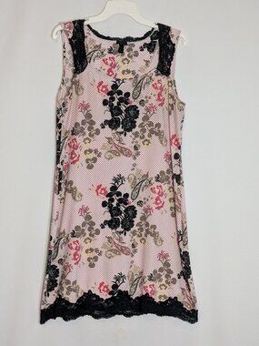 SOMA Pink & Black Polka Dot Sleeveless Sleep Gown w Black Lace; Size M